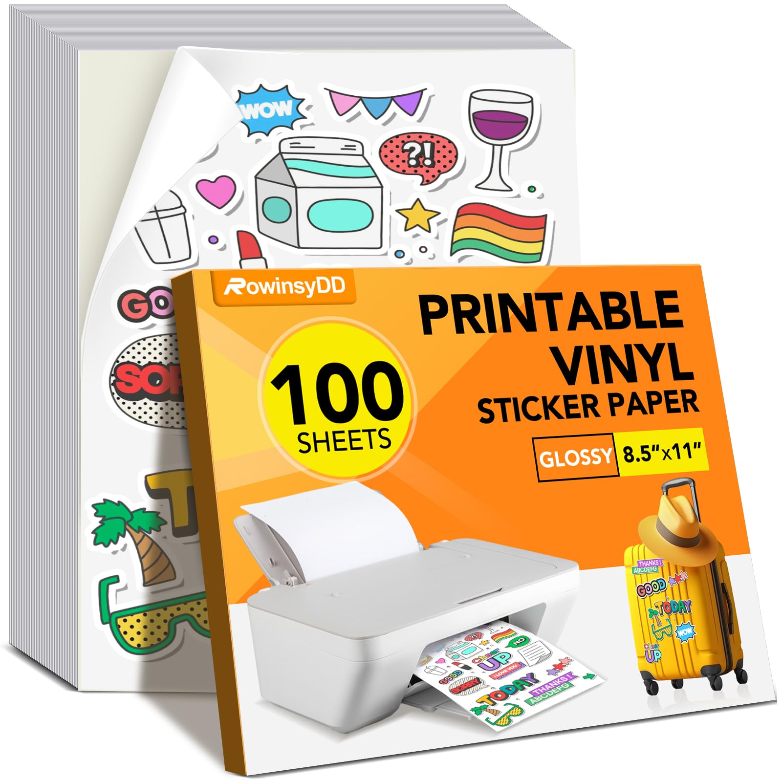Photo 1 of 100 PCS Sticker Paper for Inkjet Printer, Printable Vinyl Sticker Paper Dries Quickly Vivid Colors, 8.5"x11" Tear Resistant Printable Vinyl, Glossy White, Inkjet & Laser Printer