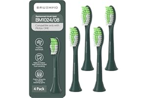 Brushmo Replacement Toothbrush Heads, Compatible with Philips One for Sonicare Electric Toothbrush Handles HY1022, 4 Standard Heads with Tongue Cleaner, Soft Dupont Bristles, BM124m, Sage Green