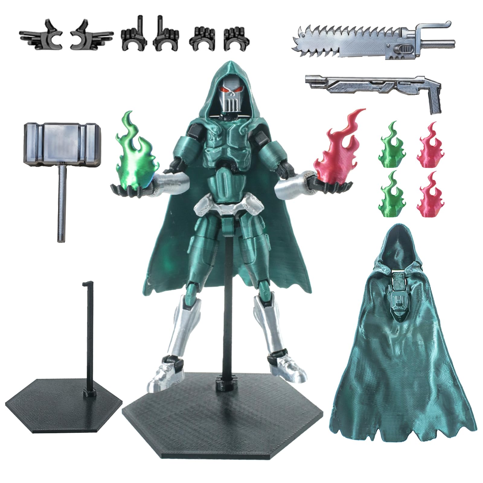 MIGESS T13 Action Figure Set, 3D Printed Toy T13, Dummy 13 Titan 13,t13 Action Figure Accessories，Death Cape, Skeleton Robot, Cool Robot Stop Motion Animation Figure (Silver-Green)