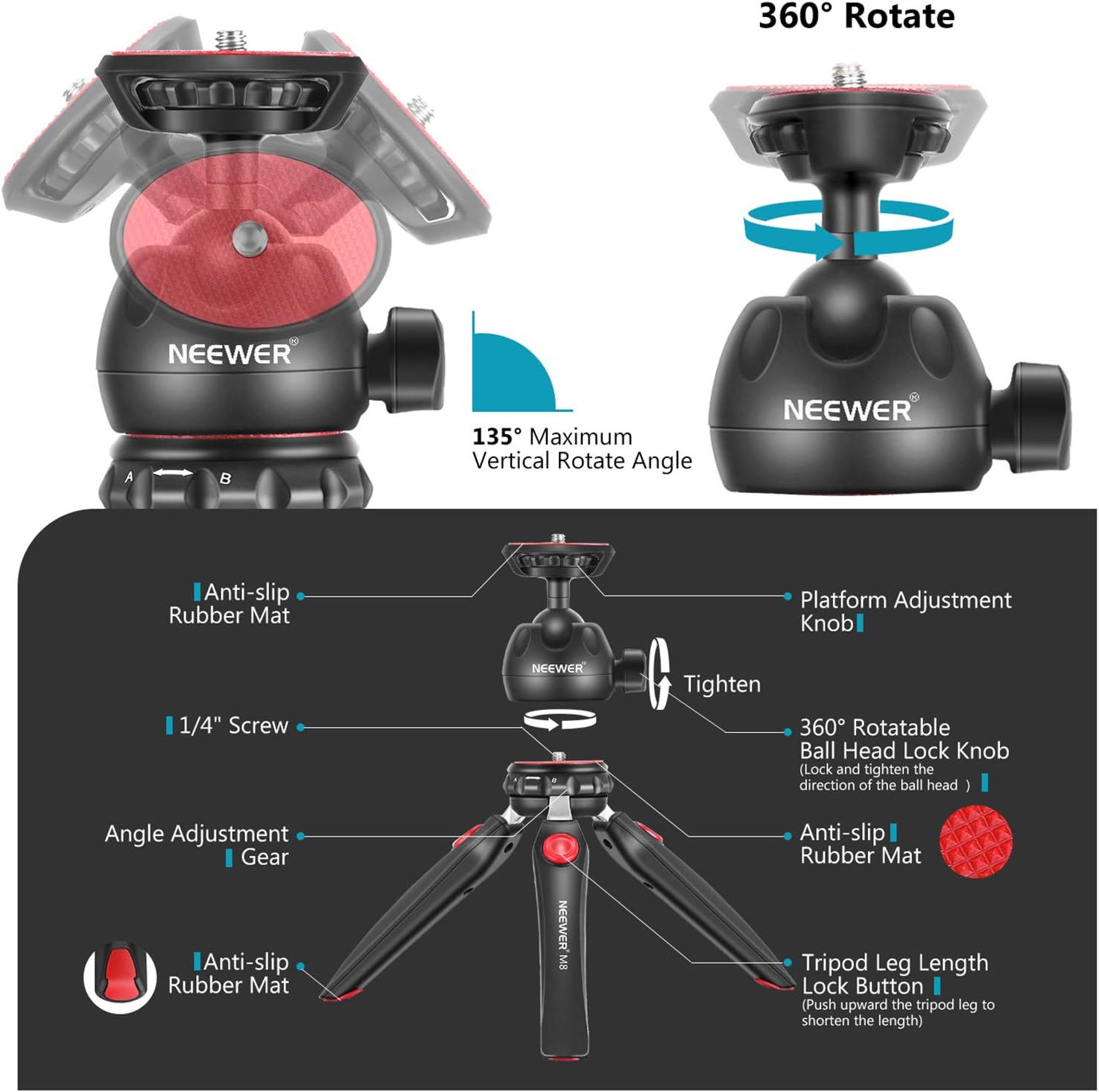 Neewer M8 Portable Tabletop Mini Tripod Mount with 360 Degree Rotatable Ball-Head, Adapter and Phone Clip Compatible with iPhone/Android Samsung Huawei/DSLR Camera/Webcam/Projector/GoPro Action Camera : Camera & Photo