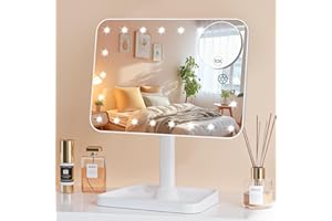 Famihomii Rechargeable Lighted Makeup Mirror for Girls, Makeup Mirror with Lights, Desk Adjustable 360° Rotation Durable Vanity Mirror with Storage, Detachable Design Table Mirror - Brithday Gift