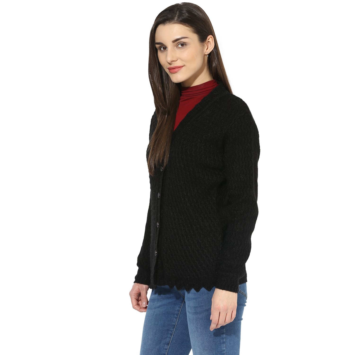 one femme women's woollen self-design solid color cardigan