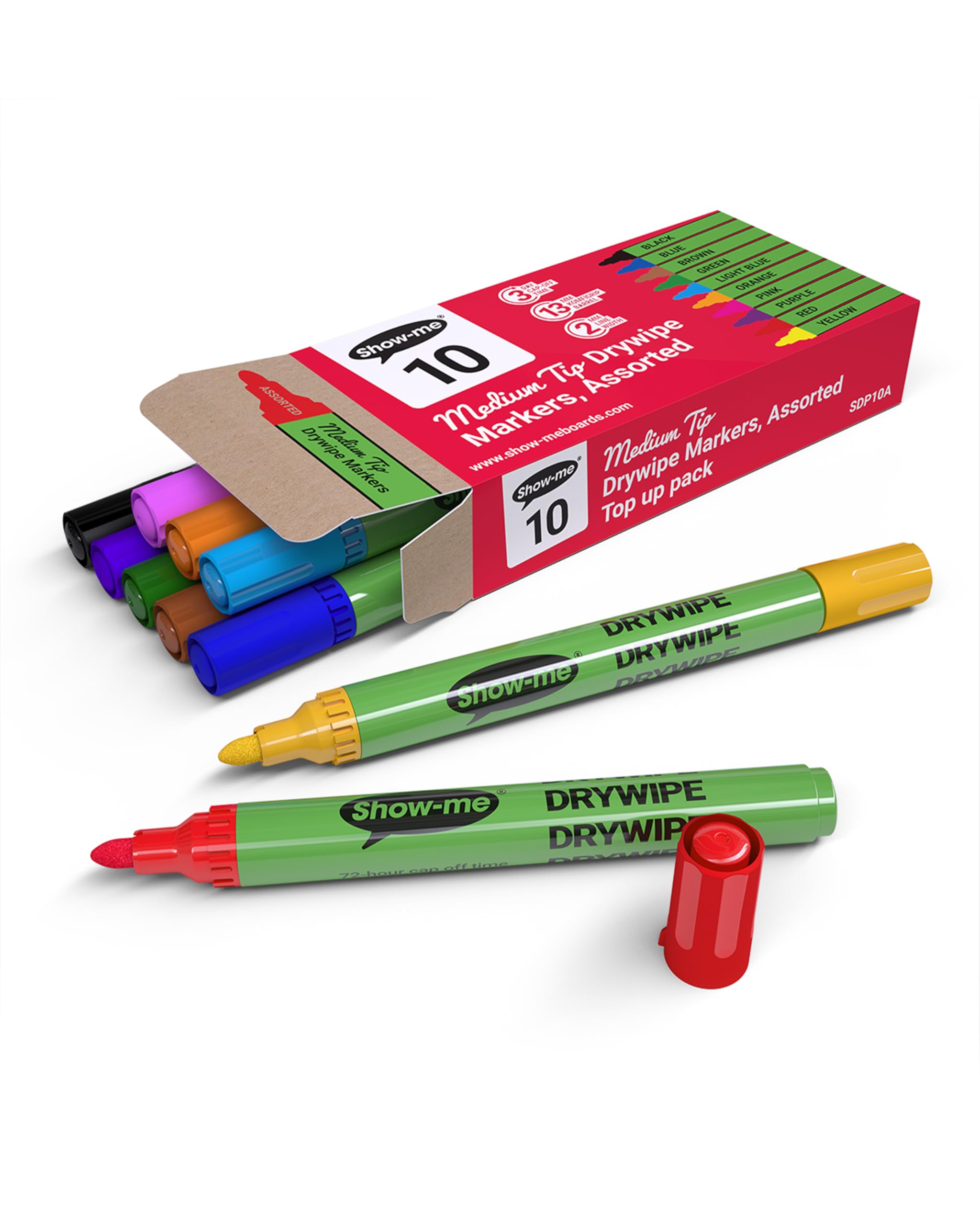 SHOW-ME - Whiteboard Markers | Drywipe, Erasable Medium Tip 2mm Line in Assorted Colours | Classroom Board Writing Pens with 3-Day Cap-off, Box of 10