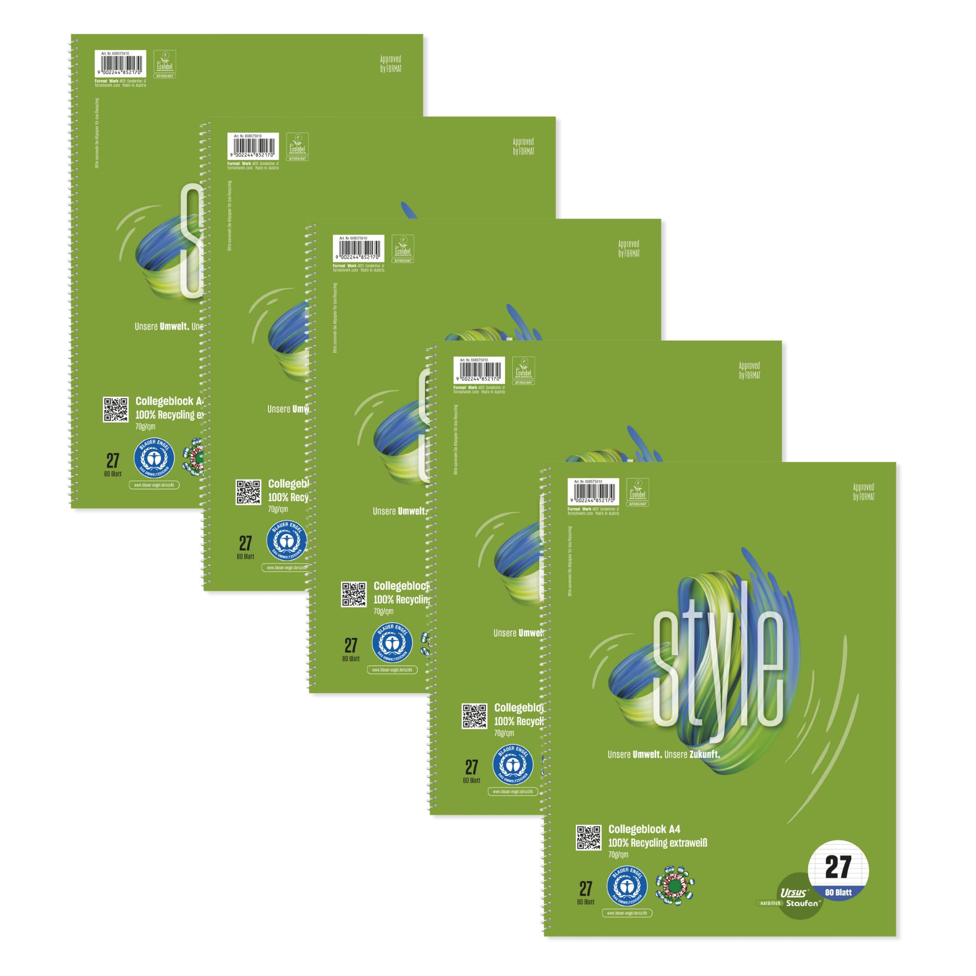 Staufen Ursus Style College Notepad, Pack of 5, DIN A4, Line Style 27 (9 mm Ruled with Margins), 80 Sheets, 4-Hole Punch, Premium White 70 g/m² Recycled Paper, Green