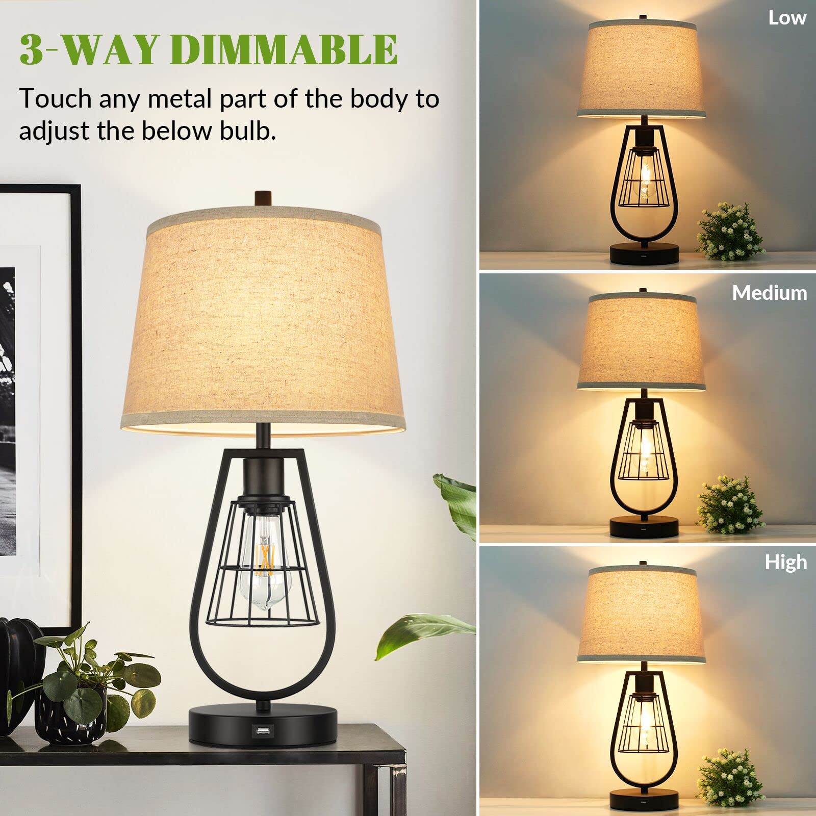 VerRon Industrial Touch Table Lamps with USB Port, 3-Way Dimmable Farmhouse Bedside Nightstand 2-Lights Lamps for Bedroom Living Room Reading, Cream Fabric, Black Metal Base, Bulbs Included