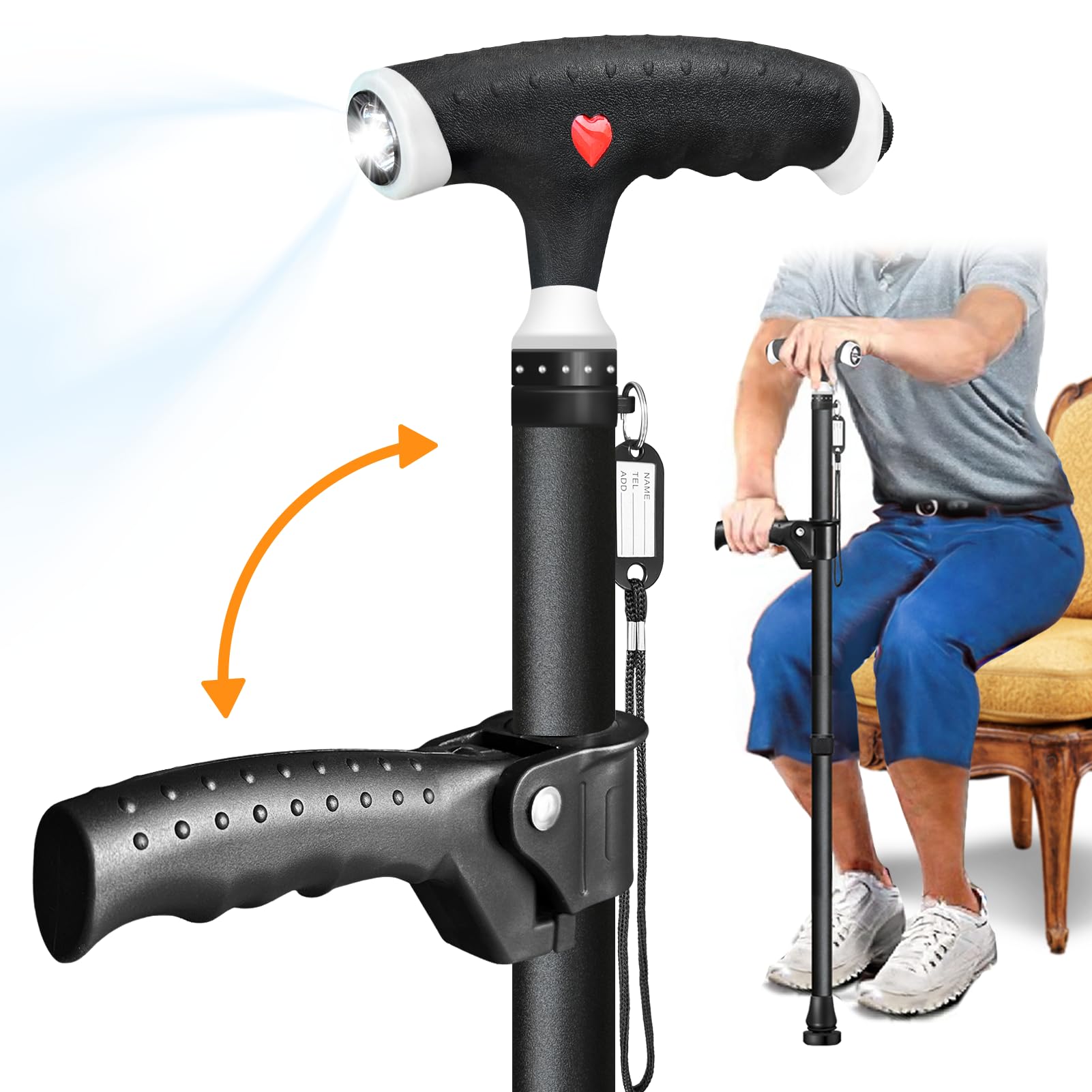 Photo 1 of ispuoocti Adjustable Walking Cane for Men and Women with 2nd Handle for Extra Support, Stylish Cane with LED Light, Suitable for Seniors and People Suffering from Different Types of Arthritis (Black)