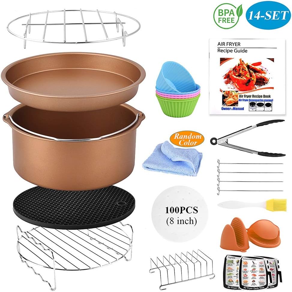 Air Fryer Accessories 8 Inch (XL) Fit with 4.2QT-5.8QT and Above for Deep Fryer Parts with Pizza Pan,Rack,Silicone Mat Brush Cups Mitts for Kitchen-13 Sets