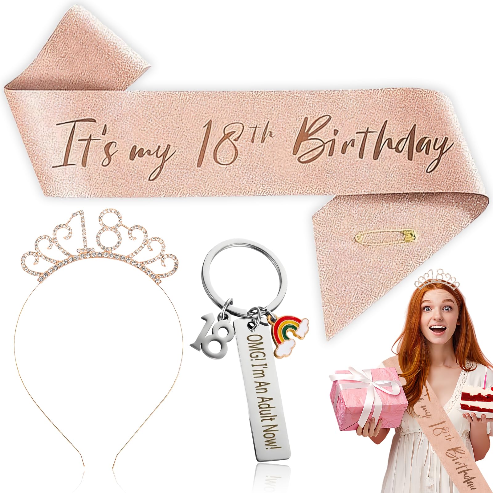 3Pcs 18th Birthday Decorations for Girls Set, 18th Birthday Gifts for Girls, Sparkling Crystal Crown & Glitter Satin Sash & Stainless Steel Keychain