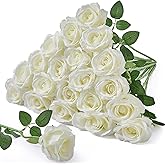Serwalin 20PCS Artificial White Roses, 4'' Big Flower Head, Ivory Silk Roses, Velvet Fake Roses Bouquet Long Stem Roses for Home Decor Wedding and Table Centerpiece