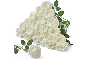 Serwalin 𝟮𝟬𝗽𝗰𝘀 Artificial Roses, White Ivory 𝗩𝗲𝗹𝘃𝗲𝘁 Real Touch Roses, Silk Fake Roses Realistic Bouquet Long Stem for Valentine’s Day Home Decor Wedding and Table Centerpiece