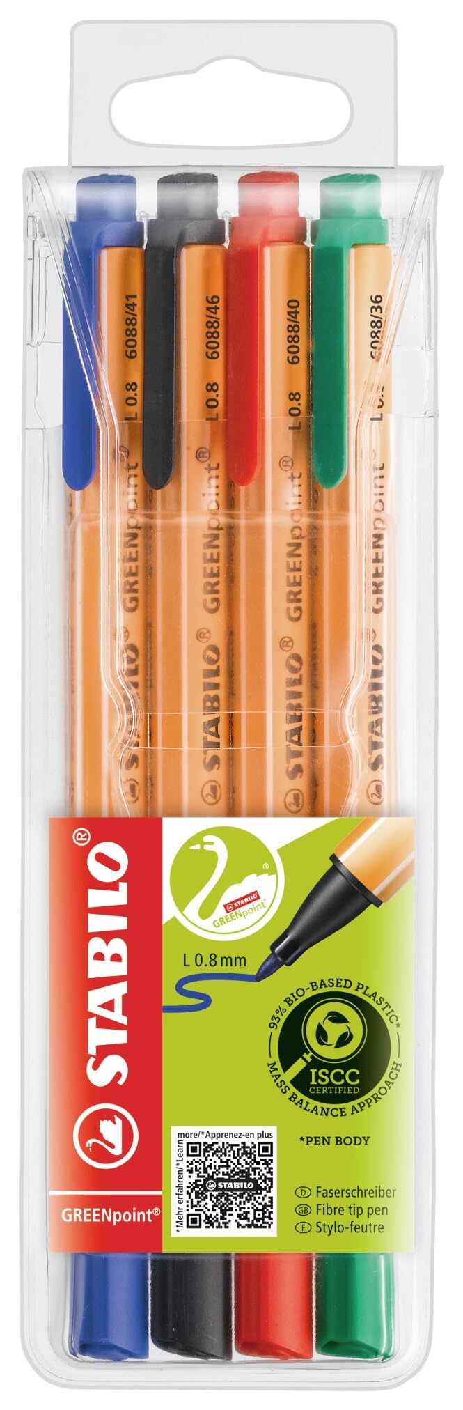 STABILO GREENpoint - Fibre-Tip Sign Pen - Pack of 4 - Blue, Black, Red, Green