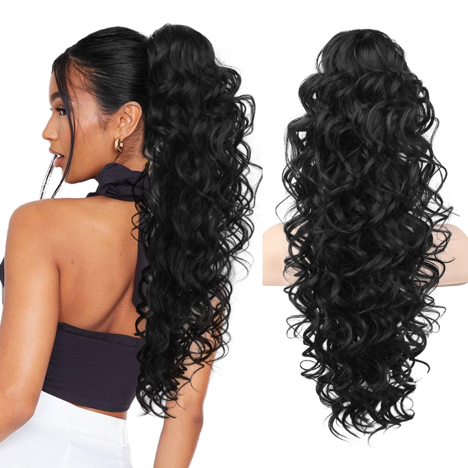 Photo 1 of SEIKEA Ponytail Extension, 24" Fluffy Long Wavy Curly Claw Clip Hair Extensions Ponytail Multi-layered Clip in Fake Pony Tails Natural Soft Synthetic Hairpiece Black