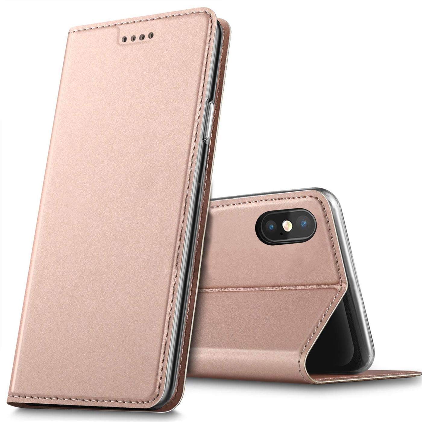 Verco Case compatible with Apple iPhone X, Flip Wallet Cover with Magnetic Closure for iPhone XS Phone Case - rose gold