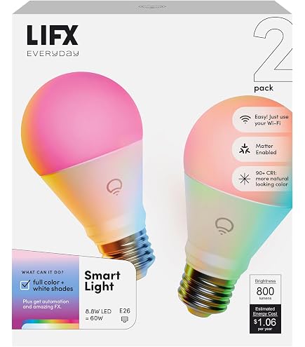 LIFX Color A19 Smart LED Light Bulbs, Wi-Fi, 4-Pack Bundle (800 +