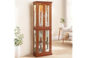 FIRSCOOK 70"H Curio Cabinet,Curio Cabinet with Glass Doors,Wood Display with Adjustable Glass Shelves,Lighted Curios Cabinets,Vintage Accent Storage Cabinets with 6 Shelves,Curiocabinet for Living Room(Walnut)