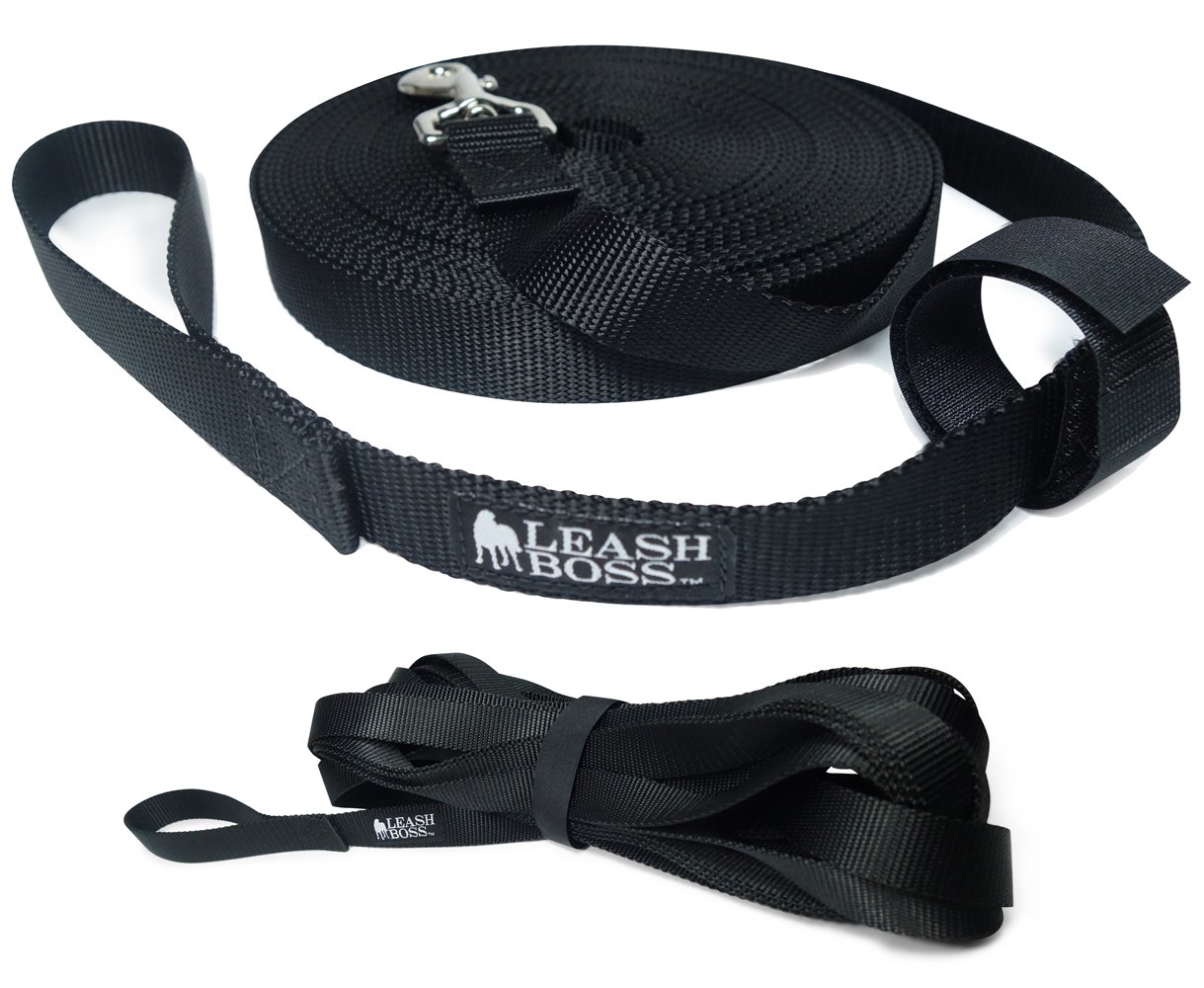 Leashboss Long Trainer - 1 Inch Nylon Long Dog Training Leash with Storage Strap (15 Ft, Black)
