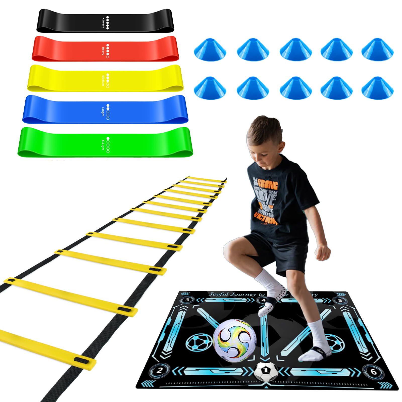 Photo 1 of Soccer Training Equipment, Football Practice Aids with Training Mat, Resistance Bands, Ladder, Cones, Improve Agility, Footwork and Coordination (35"*23" Soccer Training Mat, Agility ladder, Disc Cones * 10, Resistance Bands)