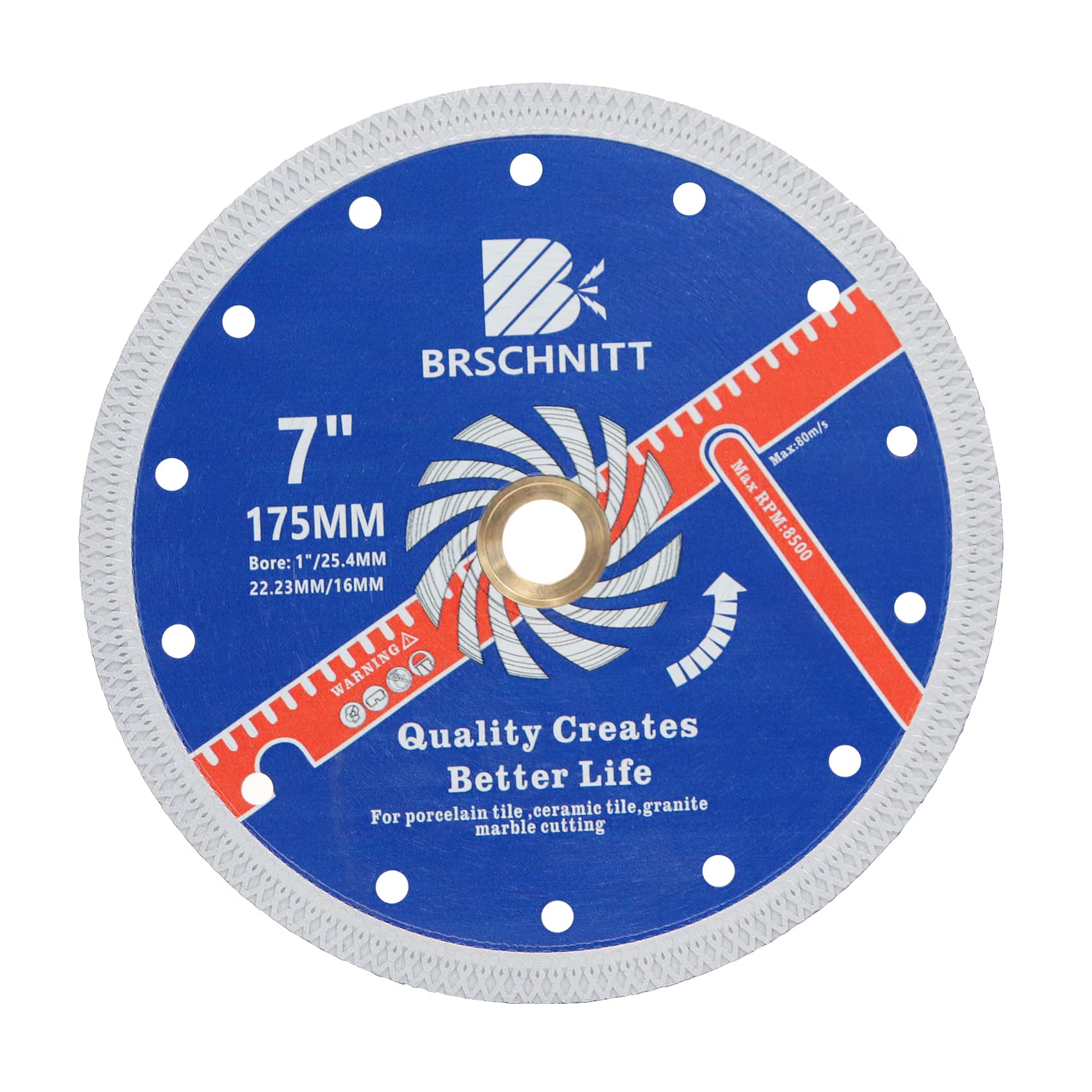 Super Thin Diamond Porcelain Cutting Disc with X Teeth,BRSCHNITT 175mm x Arbor 25.4mm-22.23mm-16mm Diamond Cutting Disc for Dry/Wet Cutting Porcelain Tile Ceramic Marble Granite