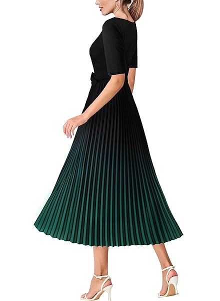 VFSHOW WOMENS PLEATED FRONT ZIPPER BELTED BUSINESS OFFICE CASUAL PARTY A-LINE BLACK OMBRE GREEN MIDI DRESS 10346 GRN XL
