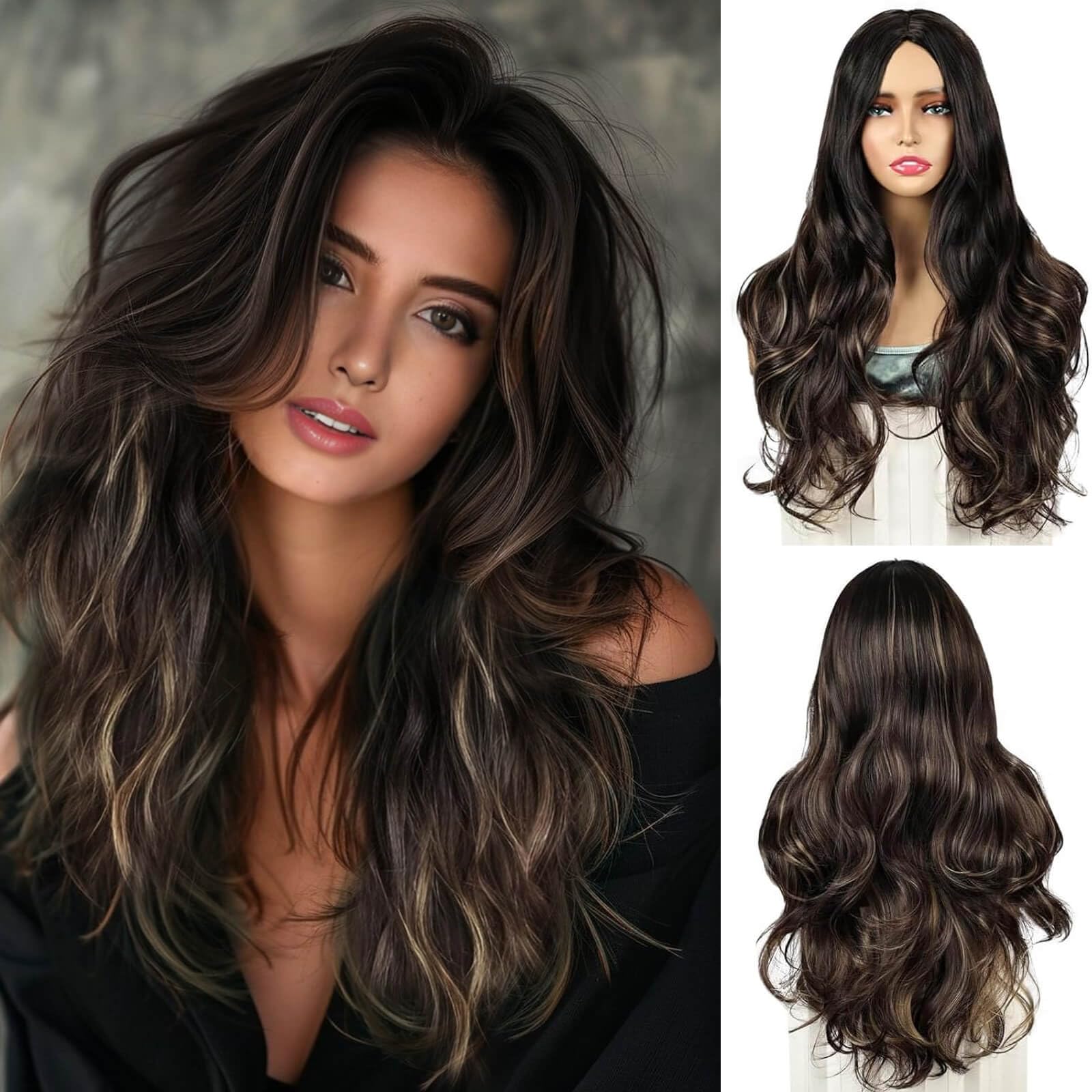 QUEENTAS 24 Inch Long Black Wigs for Women Ladies Wigs Synthetic Wig Wavy Middle Part Curly Wig for Daily Party (Black Mix Brown) — image 1