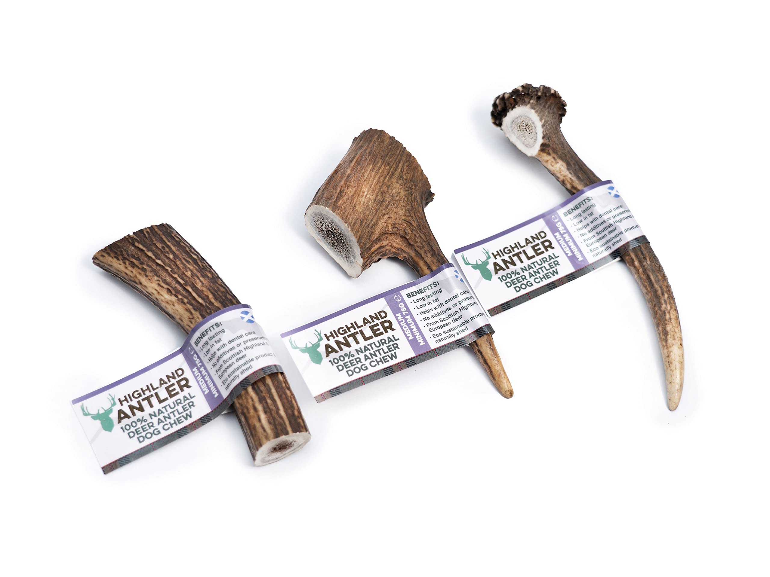 Highland Antler - Natural Antler Dog Chew. Pack of 3x Medium (75-150g) Naturally Shed Red Deer Antler, Long Lasting Dog Chew Bone With Calcium And Minerals (Shape may vary)