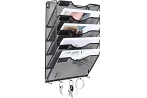 EasyPAG Wall Mount File Organizer with Key Hooks 5 Pocket Vertical Mesh Hanging Wall File Holder Magzine Paper Folders Rack for Office and Home,Black