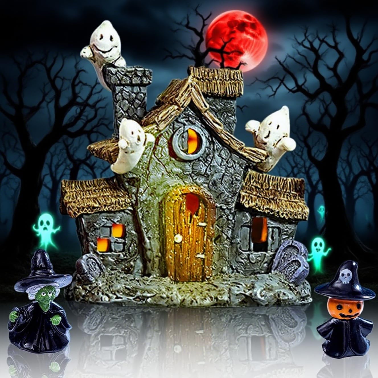 Photo 1 of Warmtree Halloween Villages Decoration, Halloween Ghost House Resin Statue Ghosts Figurine Witch Decor for Table Outdoors Indoor Home Party Decor,5 Inch
