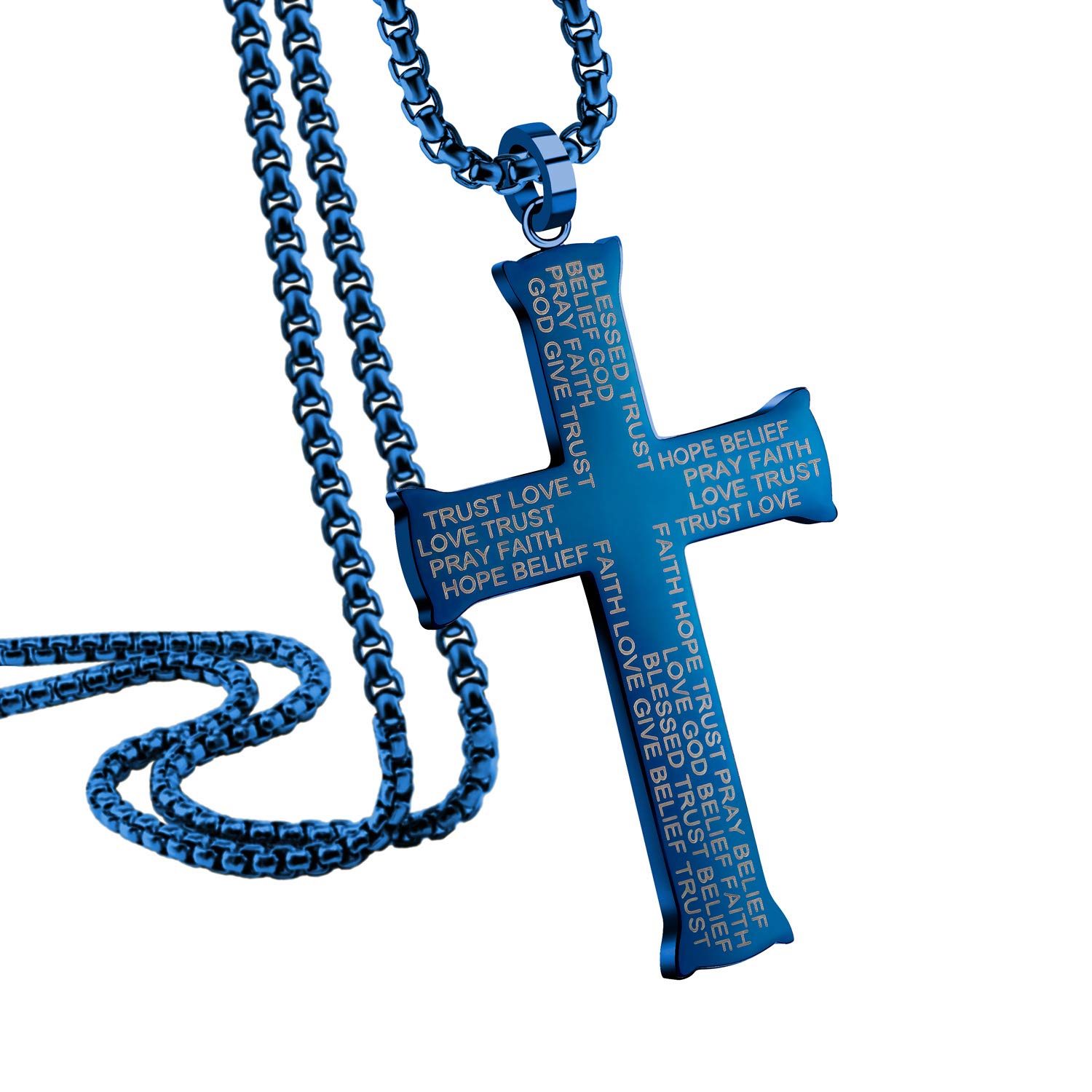 555Jewelry Stainless Steel Cross Necklace for Men, Bible Verse Inspired Evngraving Polished Religious Crucifix Cross Pendant for Men & Women, Blue, 22 Inches Box Chain