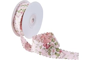 letsinstyle 10 Yards Floral Print Ribbon, 0.98 Inch Pink Blooming Flower Wavy Edge Ribbons, Spring Summer Bouquet Decorative 