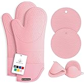 Rorecay 6pcs Oven Mitts and Pot Holders Sets for Kitchen, Extra Long Non-Slip Silicone Oven Gloves Heat Resistant 500 Degrees Potholders Hot Pads for Baking Cooking, Quilted Liner, Pink