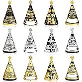 Biswiter New Years Eve Party Hats 2026, 12 Pack Happy New Years Paper Cone Hat for NYE Decorations, Black Gold and Silver Party Supplies 2026 for NYE Photo Booth Props
