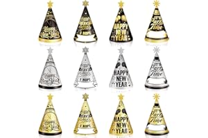 Biswiter New Years Eve Party Hats 2026, 12 Pack Happy New Years Paper Cone Hat for NYE Decorations, Black Gold and Silver Party Supplies 2026 for NYE Photo Booth Props