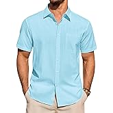 Lusead Linen Shirts for Men Short Sleeve Button Down Casual Shirt Cotton Beach Summer Collared Top with Pocket