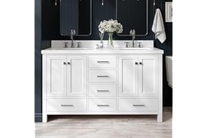 ARIEL 61" White Double Bathroom Vanity with Sink, 1.5" Edge Pure White Quartz Countertop & Backsplash, Rectangular Sinks, 4 Soft Closing Doors, 6 Full Extension Dovetail Drawers, Brushed Nickel