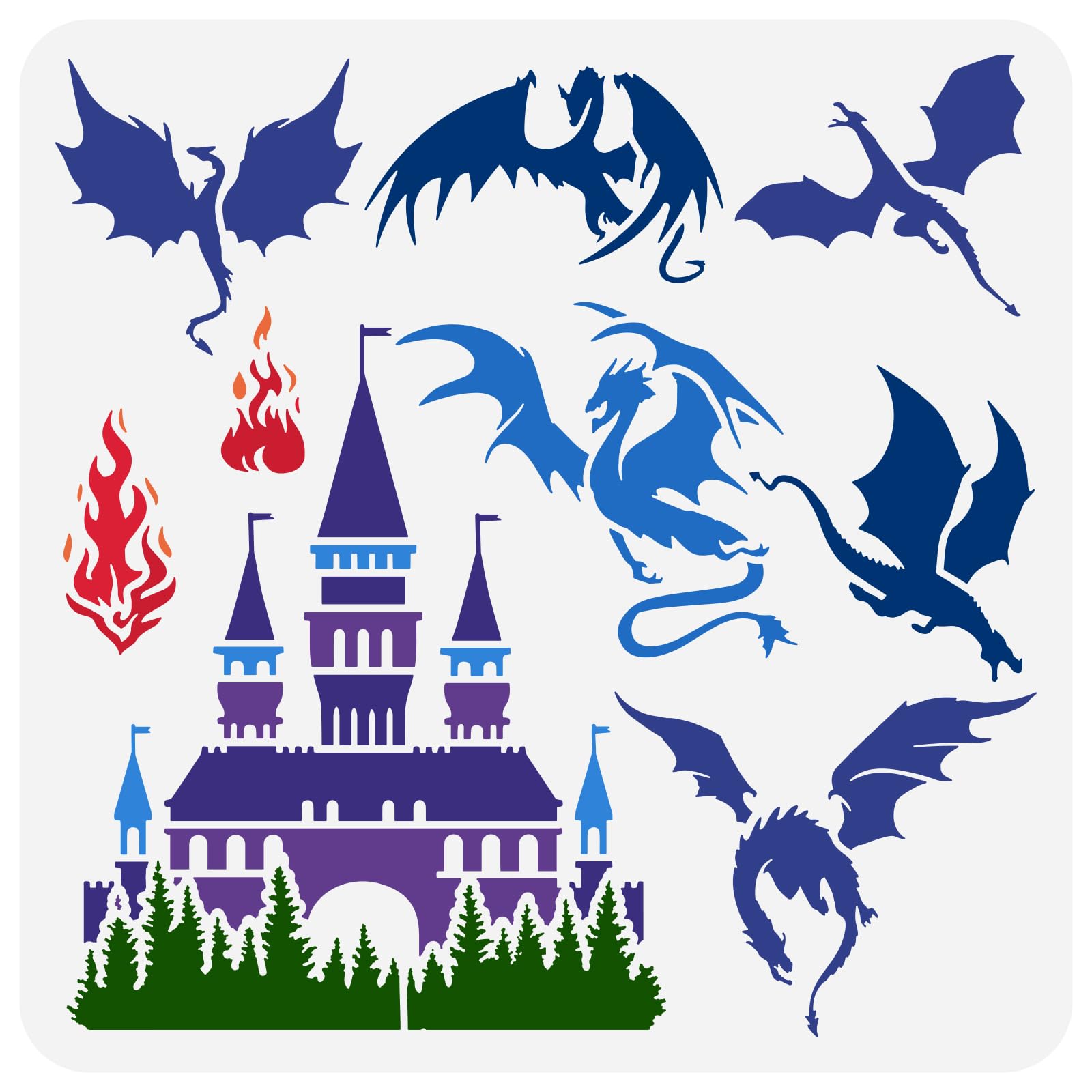 FINGERINSPIRE Dragons Stencil 30x30cm Castle Painting Stencil Plastic Western Dragon Fire Castle Patterns Stencil Template Reusable DIY Art and Craft Pterosaur Stencil for Home Wall Decor
