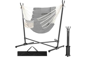 Homgava Folding Hammock Stand with Chair,Heavy-Duty Hanging Chair with Stand, for Patio, Lawn and Outdoors,Sturdy Swing Chair with Stand,with Headrest and Side Pocket,Max Load 450 pounds (Gray)