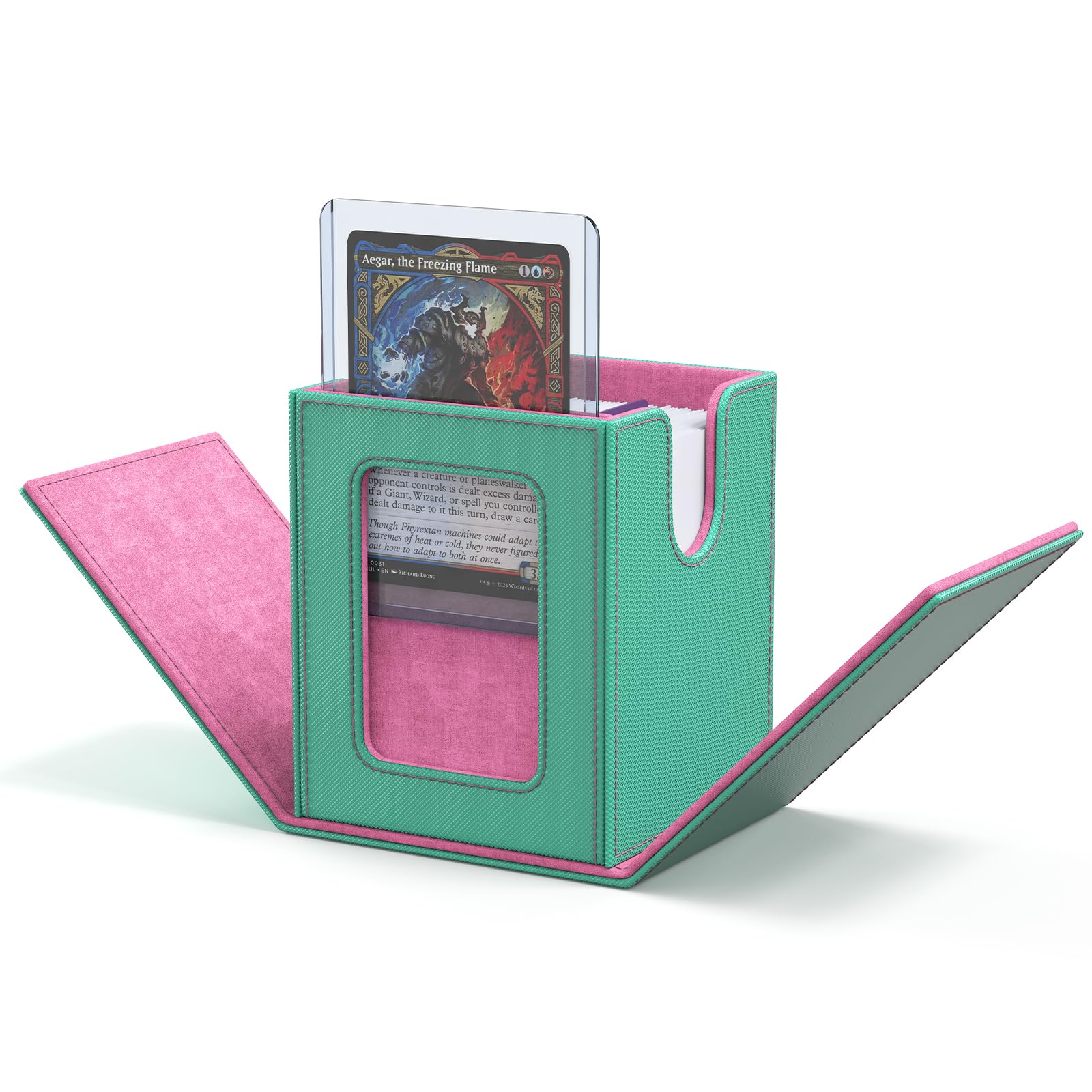 ZLCA MTG Deck Box with Magic Commander Window Display Trading Deck Case Hold 100 Double Sleeved Cards Baseball Card Storage Box is Suitable for CCG/EDH(Aqua&Pink)