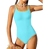 Qaoerde Girls Swimsuit One Piece Swimsuits Solid Color Bathing Suit Colorful Contrast Trim Adjustable Straps Swimwear 9-16Y