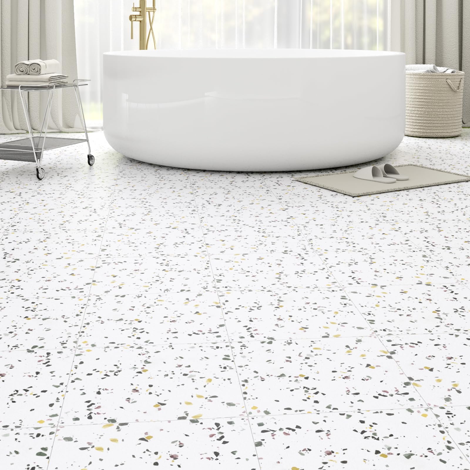Photo 1 of 20-Pack 20 Sq.Ft Peel and Stick Floor Tiles Vinyl Matte Pattern Flooring, 12” x 12” Self Adhesive Vinyl Flooring DIY for Kitchen, Bathroom, Laundry, White Terrazzo Marble