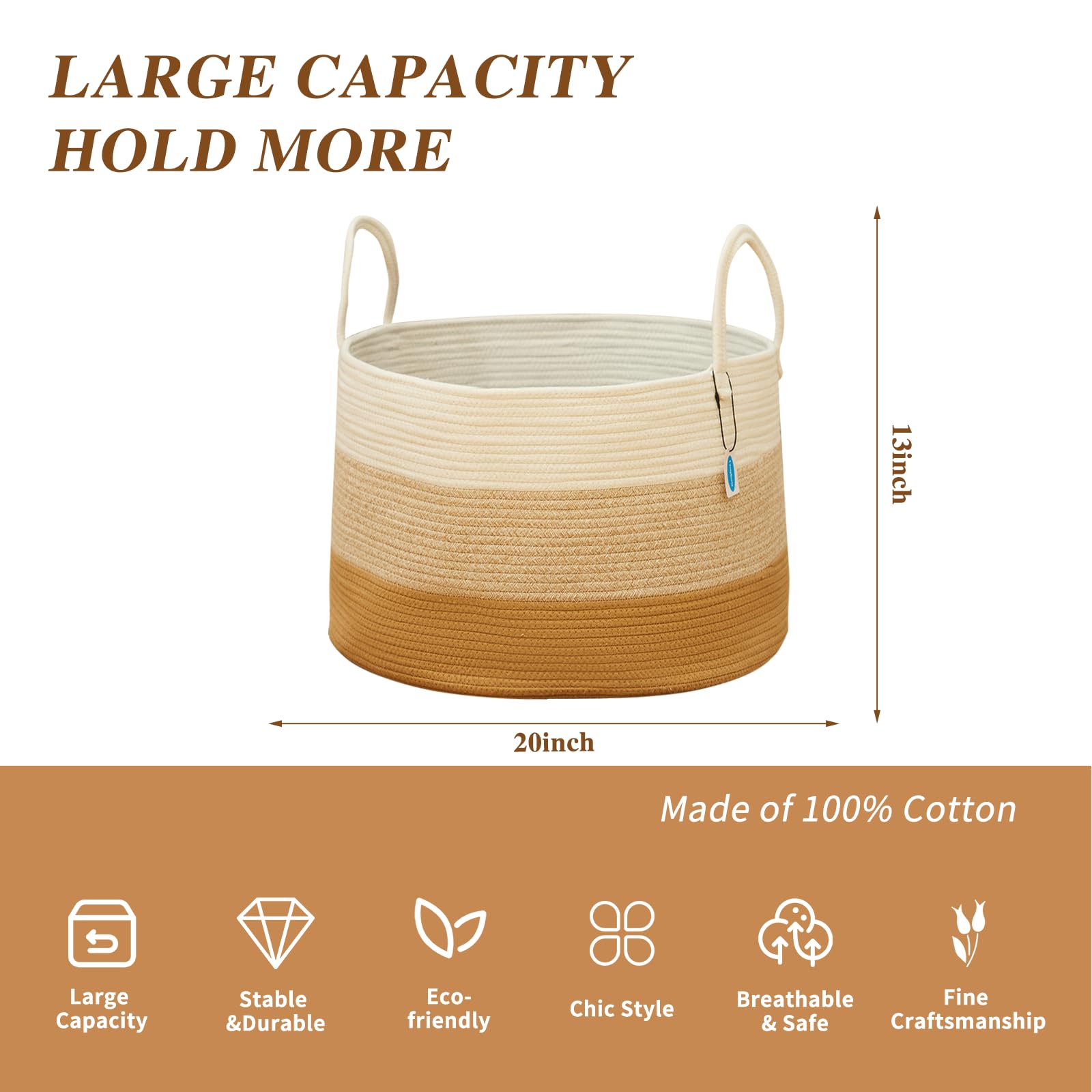 Blanket Basket, Storage Basket, Laundry Basket, 20”*20”*13”, Blanket Basket, Cotton Rope Basket, Laundry Hamper,Blanket Storage for Living Room (White & Gradient Brown