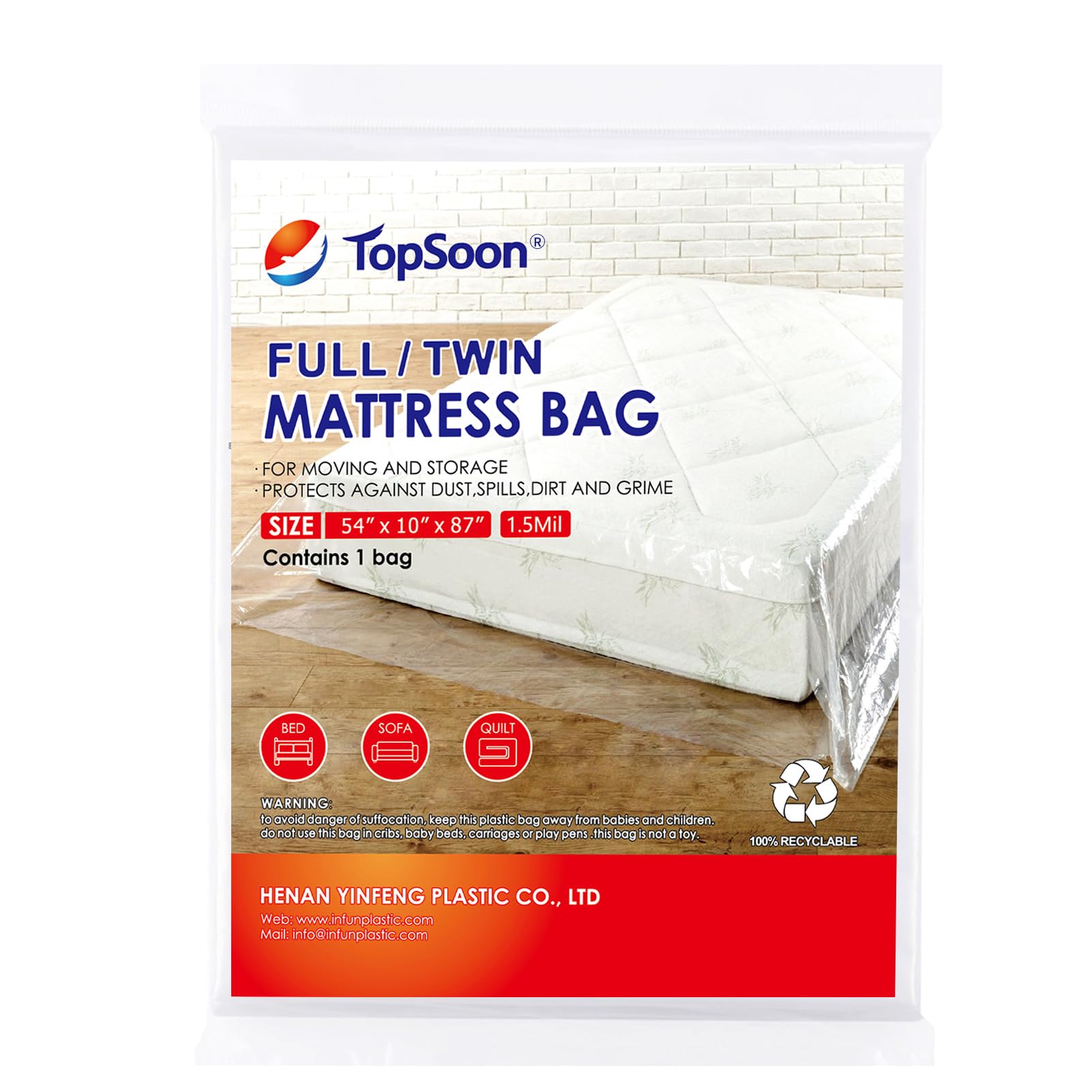 TopSoon Mattress Storage Bag Mattress Disposal Bag Full/Twin Size Clear Plastic Mattress Disposal Bag – Moving & Storage Cover for Mattress or Box Spring (1.5mil, 54" x 10" x 87")