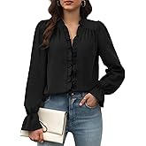 ZIMSSI Womens Ruffle Dressy Blouses V Neck Long Puff Sleeve Retro Pleated Office Shirts Tunic Tops