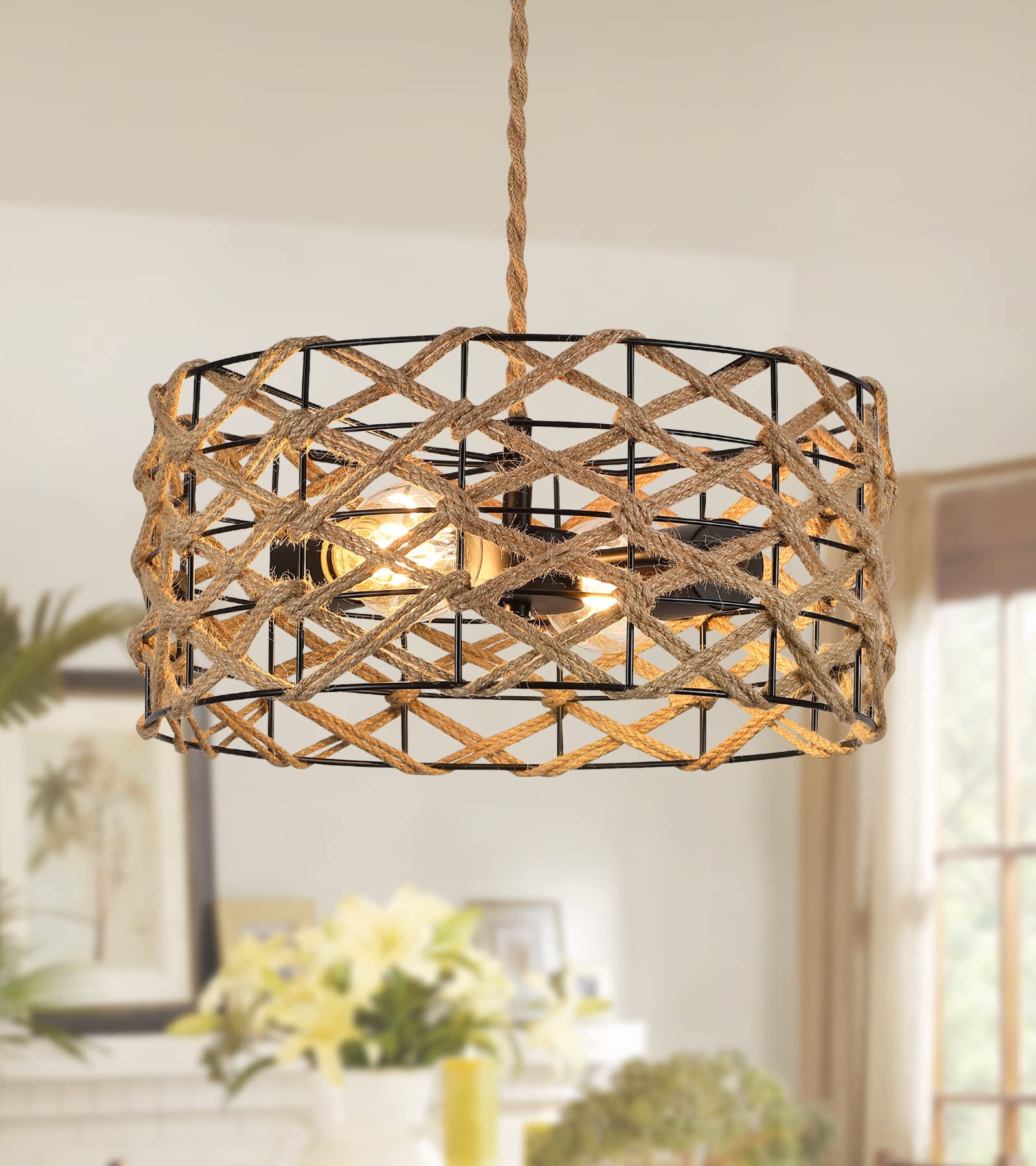 Photo 1 of AMZASA Boho Pendant Light Rustic Hand-Woven Hemp Rope Drum Cage Rattan Hanging Lamp Wicker Coastal Farmhouse Chandelier 2 Lights for Hallway Entryway Kitchen Island Dining Room