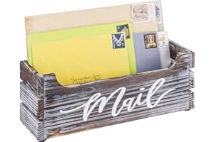 MyGift Rustic Torched Solid Wood Countertop Mail Holder Box, Crate Style Office Desktop Letter Storage Mailbox with Decorativ