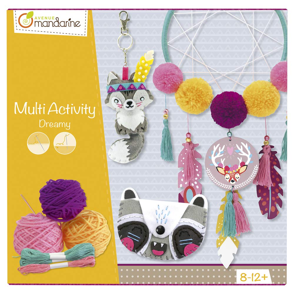 Avenue Mandarine - Ref KC045C - Multi-Activity Box - Dreamy - Dreamcatcher to Assemble, Wolf Keychain to Sew, Raccoon Wallet to Sew - Suitable for Ages 8-12+
