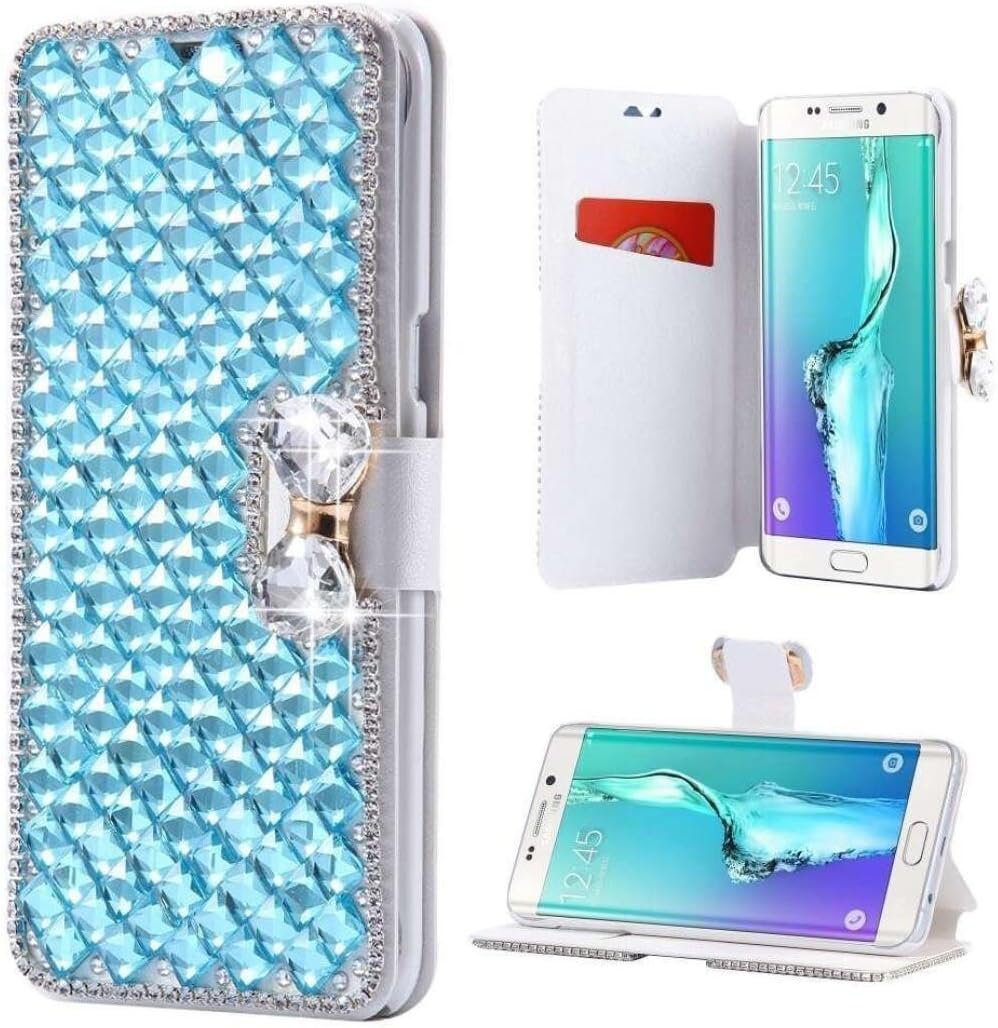 iPhone XS Max Wallet Case,Lozeguyc Hand Made Luxury 3D Bling Crystal Rhinestone Leather Purse Flip Card Pouch Stand Cover Case for iPhone XS Max 6.5 Inch-Light Blue
