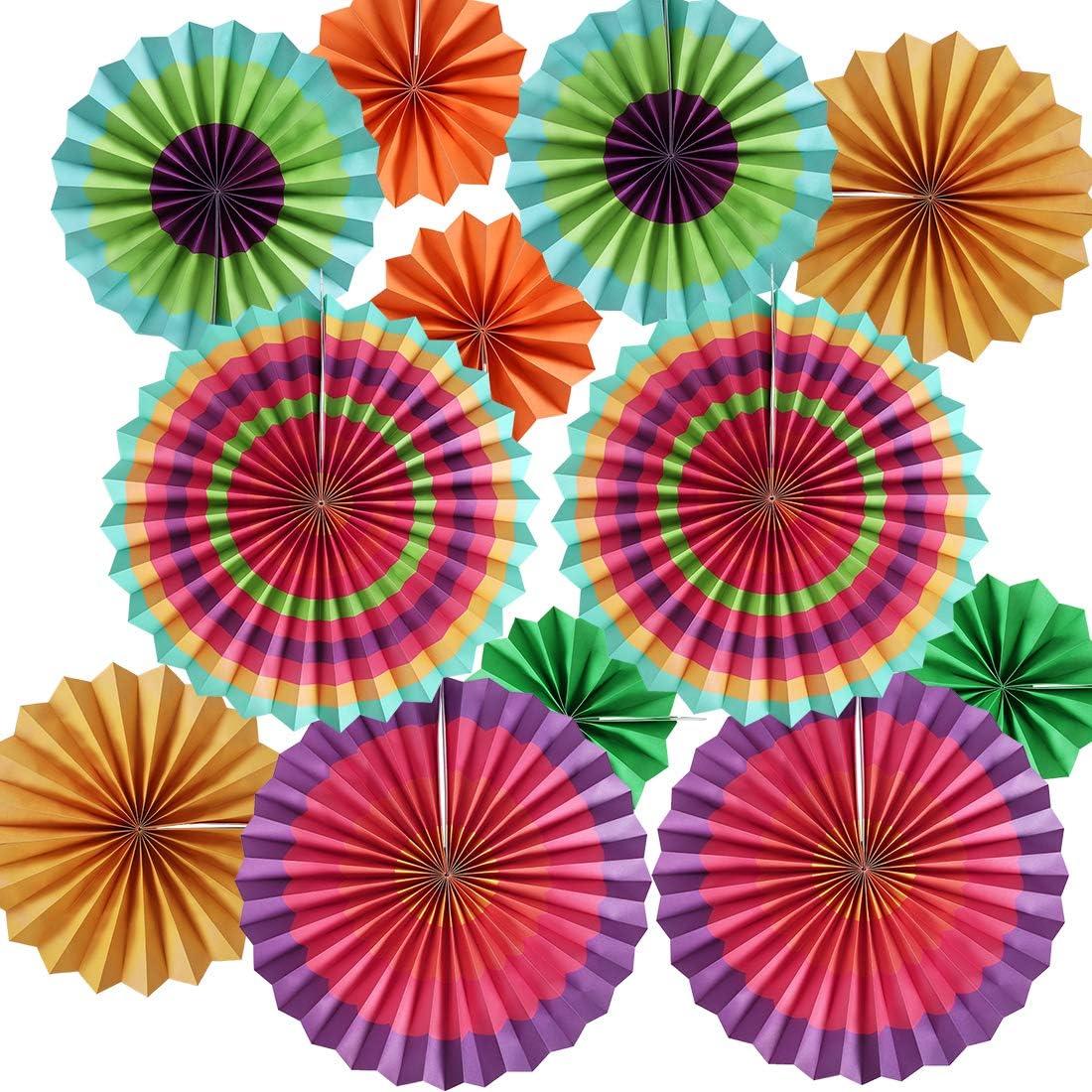 Set of 12 Vibrant Colorful Hanging Paper Fans Rosettes Party