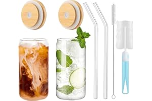 I00000 Glass with Lid and Straw, Iced Coffee Glasses 16OZ, Set of 2 Smoothie Glasses, Can-Shaped Glass Cups, Drinking Glasses