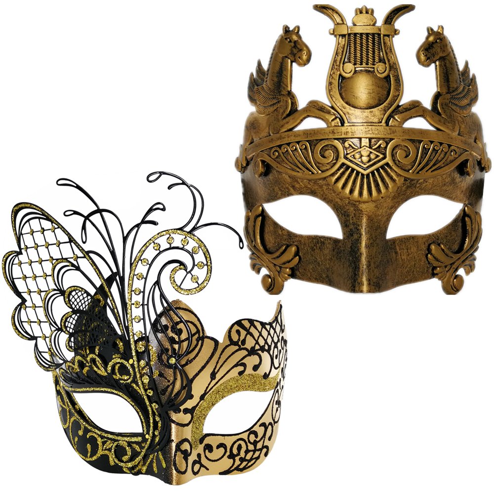 Ubauta Gold Butterfly Women Mask & Greek Warrior Men Mask Venetian Masquerade Couple Masks, For Mardi Gras/Party/Ball Prom