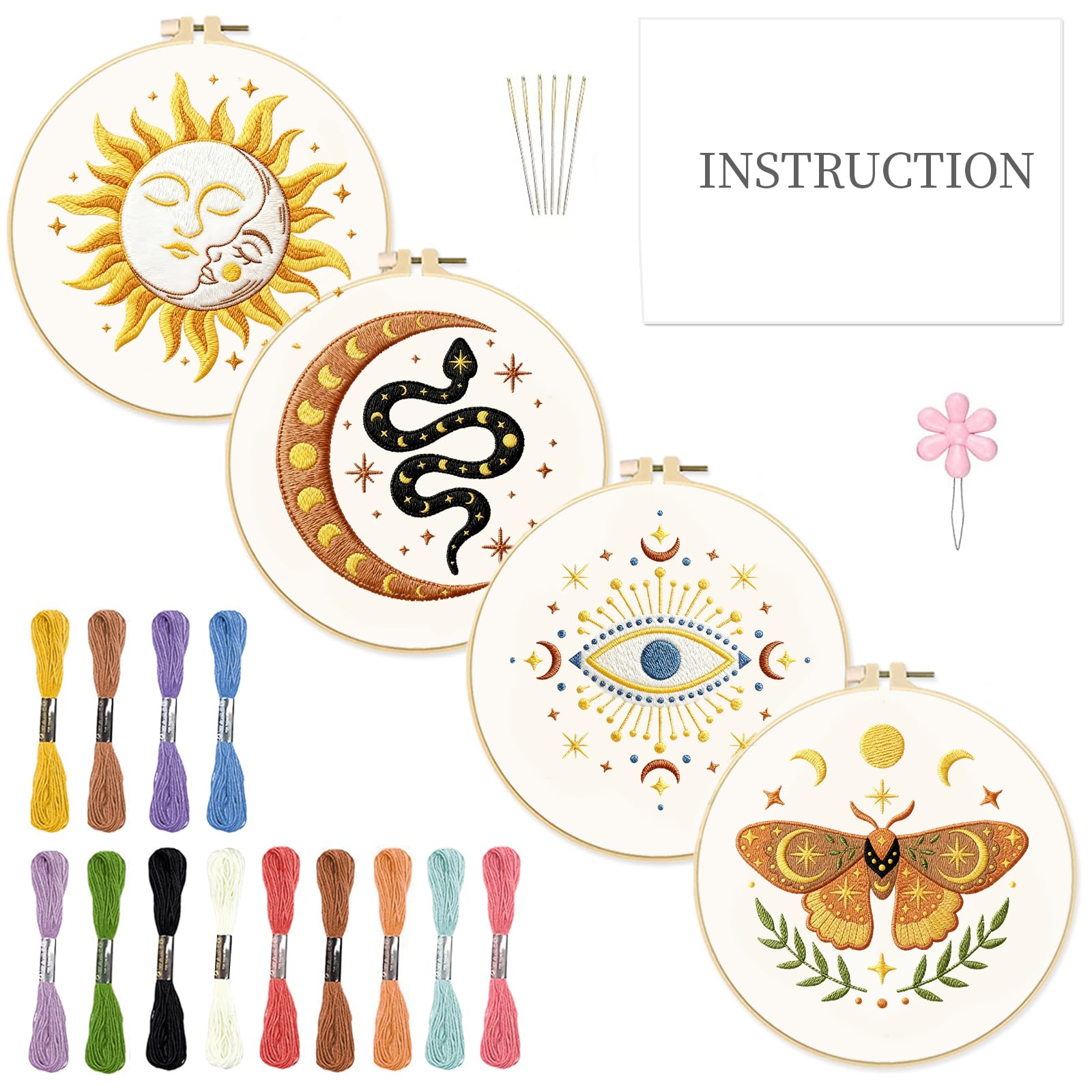 INFUNLY 4pcs Evil Eyes Embroidery Starter Kit for Beginners Moth Cross Stitch Kits for Adults Sun and Moon Stars Snake Stamped Stitches Embroidery Sewing Kit with Patterns Instructions for DIY